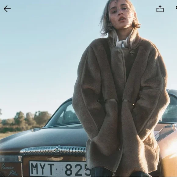 NEW H&M Teddy Faux Leather Shearling Coat Sz Small $119 Beige Mushroom - Picture 3 of 5